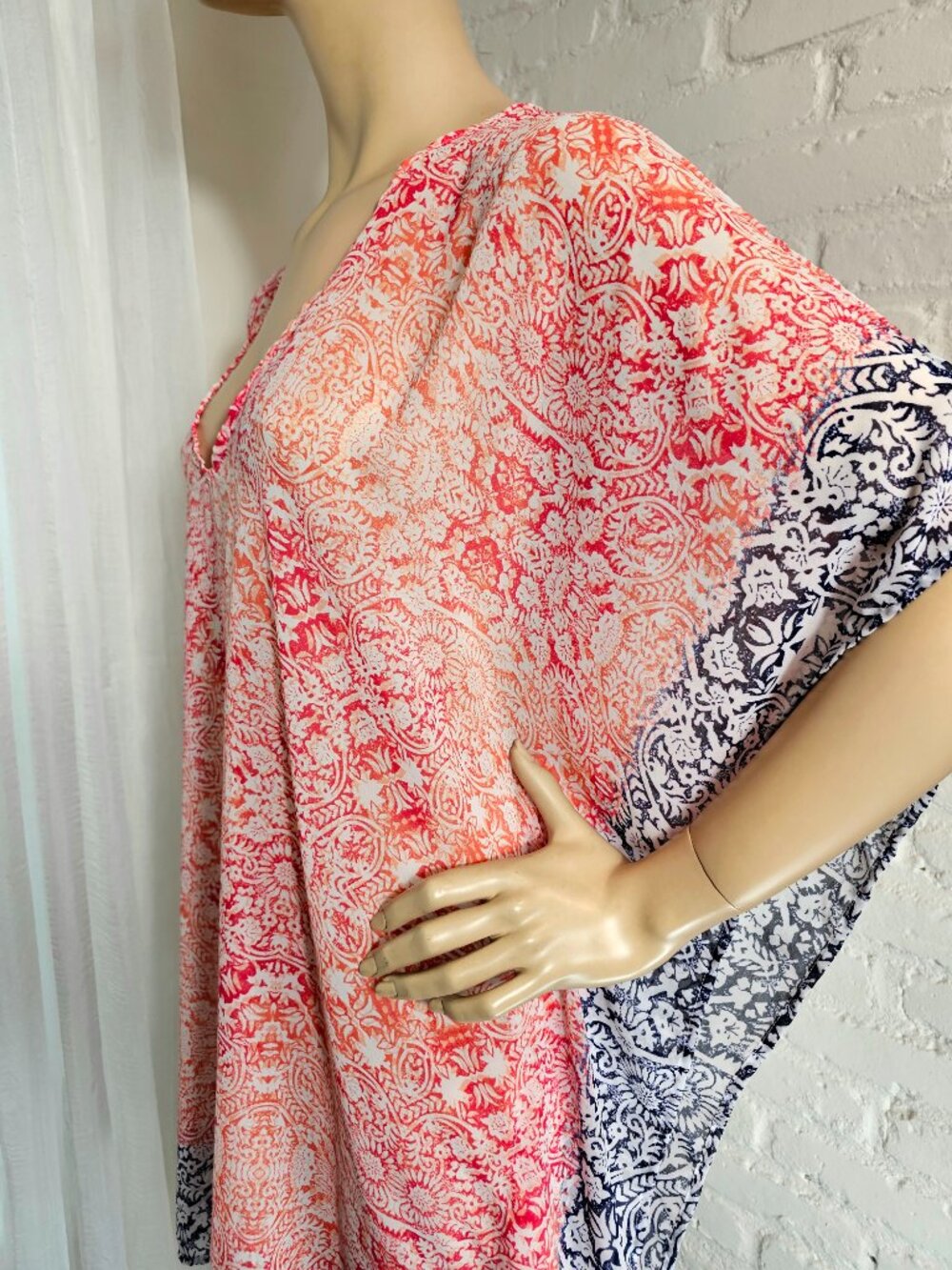 Tommy Bahama Kaftan Cover-Up Size M Coral Navy Border Print Beach - Picture 6 of 7